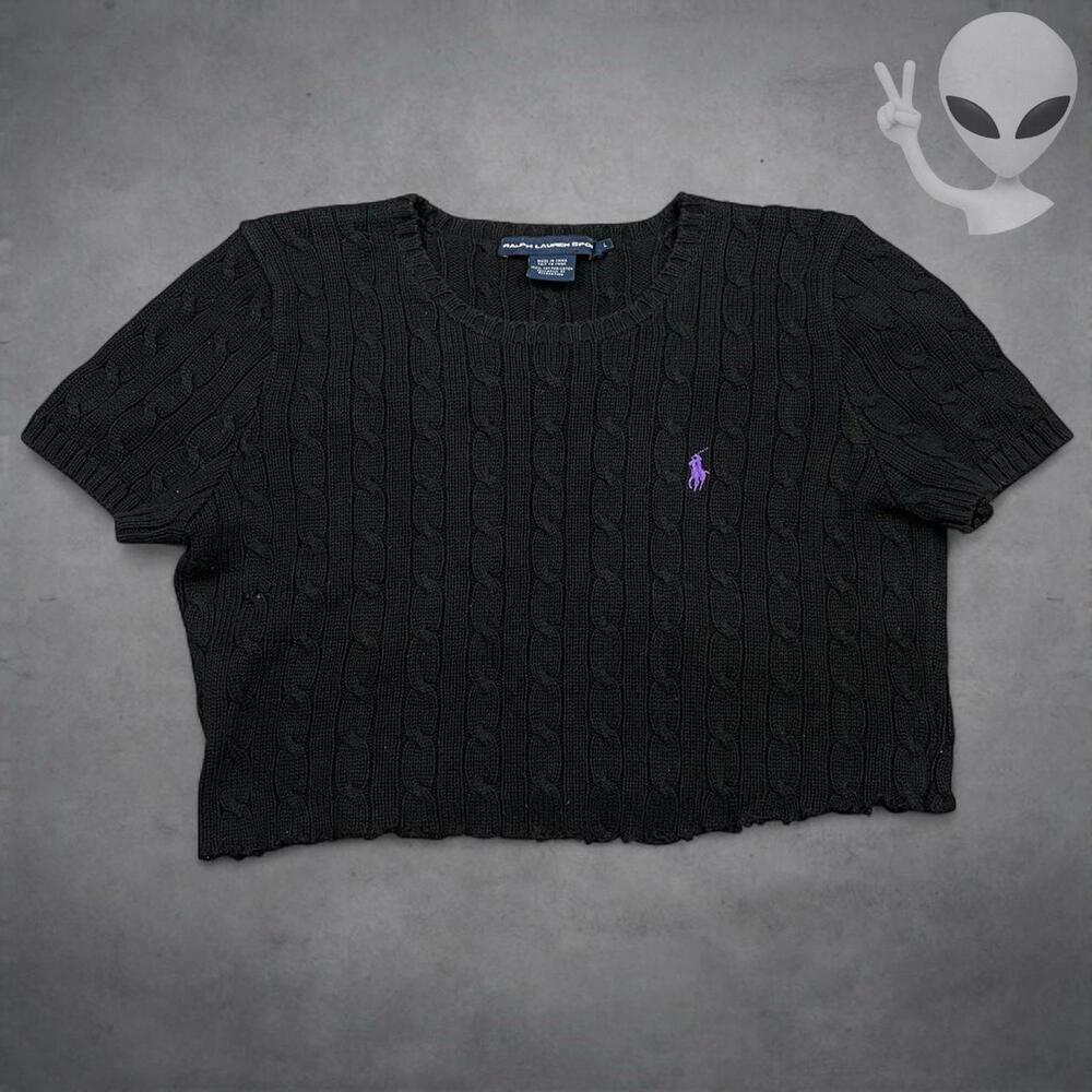 Ralph Lauren Cable Knit Cropped Top Size Large Black - Picture 2 of 6